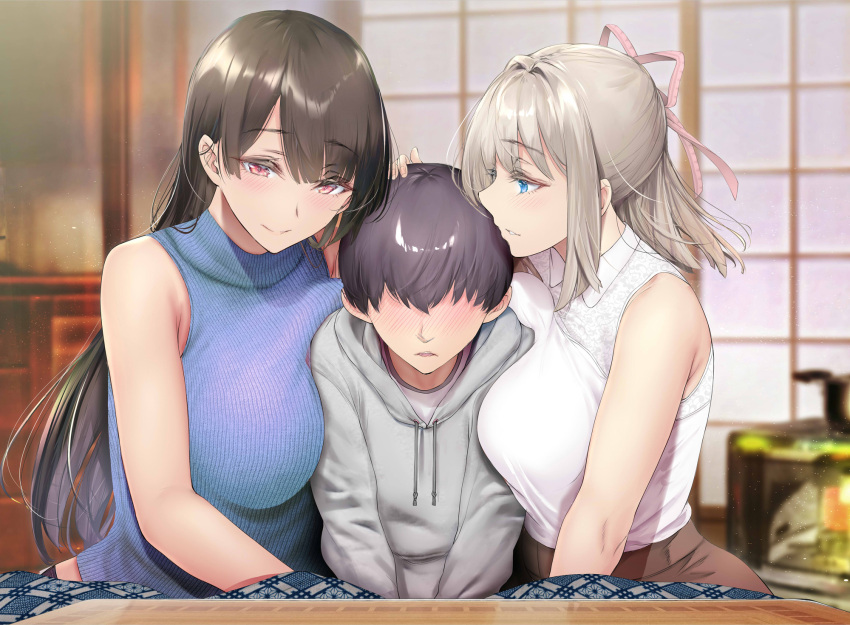 1boy 2girls age_difference assertive_female bare_shoulders between_breasts black_hair blue_eyes blush breasts brown_skirt commentary_request countryside_cousin_(gentsuki) cousin_(gentsuki) gentsuki girl_sandwich grey_hair hair_intakes hair_ribbon highres hood hood_down hooded_sweater implied_handjob kotatsu large_breasts light_particles light_rays long_hair multiple_girls onee-shota original parted_lips pink_ribbon ponytail red_eyes ribbon sandwiched short_ponytail sidelocks sitting skirt sleeveless sleeveless_turtleneck smile straight sweater table turtleneck turtleneck_sweater