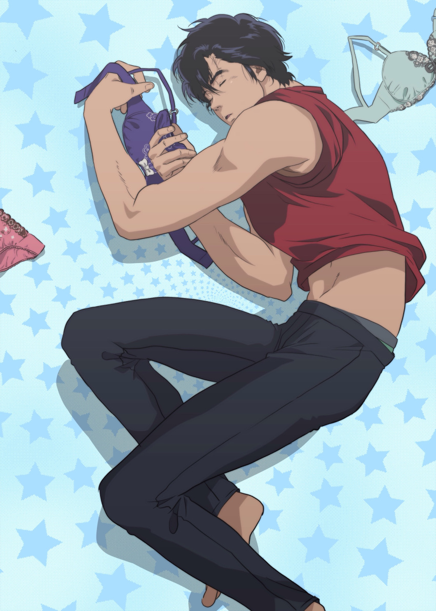 1boy absurdres barefoot black_hair black_pants bra city_hunter closed_eyes grey_bra highres holding holding_bra holding_clothes holding_underwear male_focus male_underwear male_underwear_peek mature_male panties pants parted_lips pink_panties purple_bra red_shirt saeba_ryou shirt sleeping solo starry_background underwear yuu_(masarunomori)