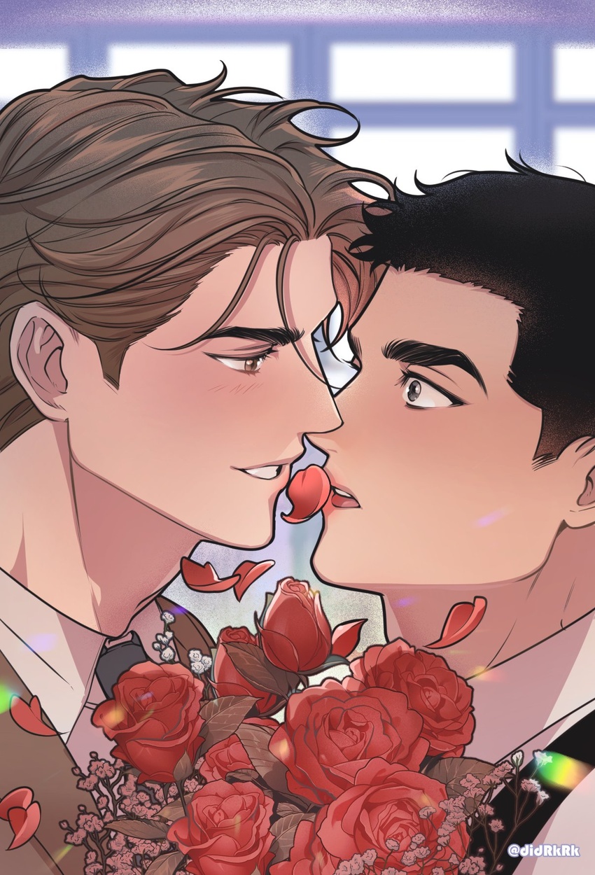 2boys black_hair blush brown_eyes brown_hair collared_shirt didrkrk dowon_sa eye_contact flower full_volume highres korean_commentary looking_at_another male_focus multiple_boys open_mouth petals red_flower red_rose rose seol_beom shirt short_hair smile teeth twitter_username upper_body white_shirt yaoi