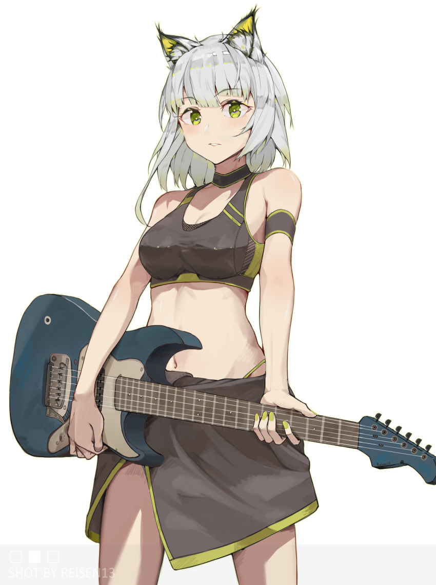 absurdres animal_ears arknights armband artist_name black_armband black_skirt black_sports_bra blush cat_ears chinese_commentary commentary electric_guitar female fender_mustang green_eyes green_hair green_nails grey_hair guitar highres instrument kal'tsit_(arknights) looking_at_viewer medium_hair miniskirt multicolored_hair navel reisen13 simple_background skirt solo sports_bra two-tone_hair white_background