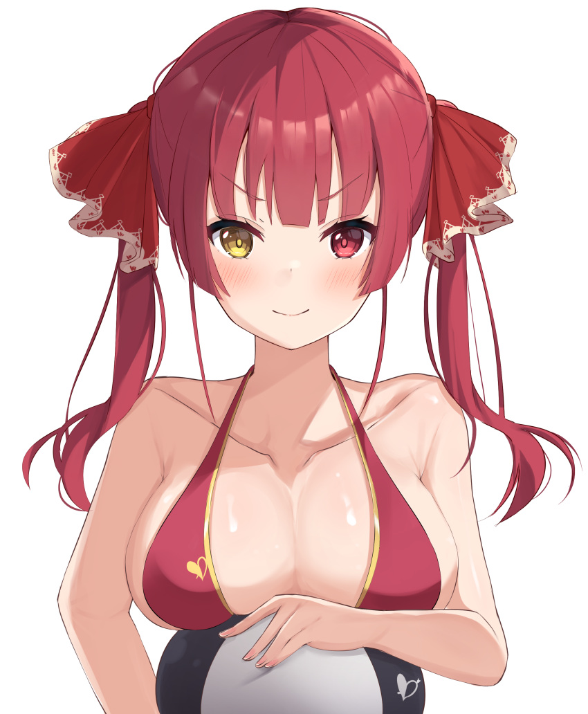 absurdres ball bare_arms bare_shoulders beachball blush breast_rest breasts cleavage closed_mouth collarbone female hair_ribbon heart heterochromia highres hololive houshou_marine houshou_marine_(summer) large_breasts long_hair looking_at_viewer nyuu_(pixiv12143565) red_eyes red_hair red_ribbon ribbon simple_background smug solo twintails upper_body v-shaped_eyebrows virtual_youtuber white_background yellow_eyes