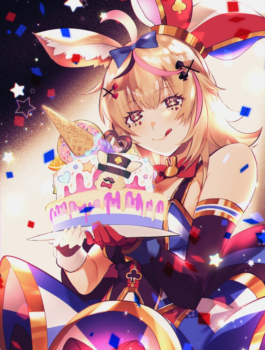 absurdres animal_ears blonde_hair bow bowtie cake confetti dress female food fox_ears gloves hair_ornament hairclip hat heart heart-shaped_pupils highres hololive jester_cap licking_lips long_hair mayana_(bbpp) multicolored_hair omaru_polka omaru_polka_(1st_costume) pink_hair purple_eyes single_glove solo star_(symbol) streaked_hair symbol-shaped_pupils tongue tongue_out virtual_youtuber zain_(omaru_polka)