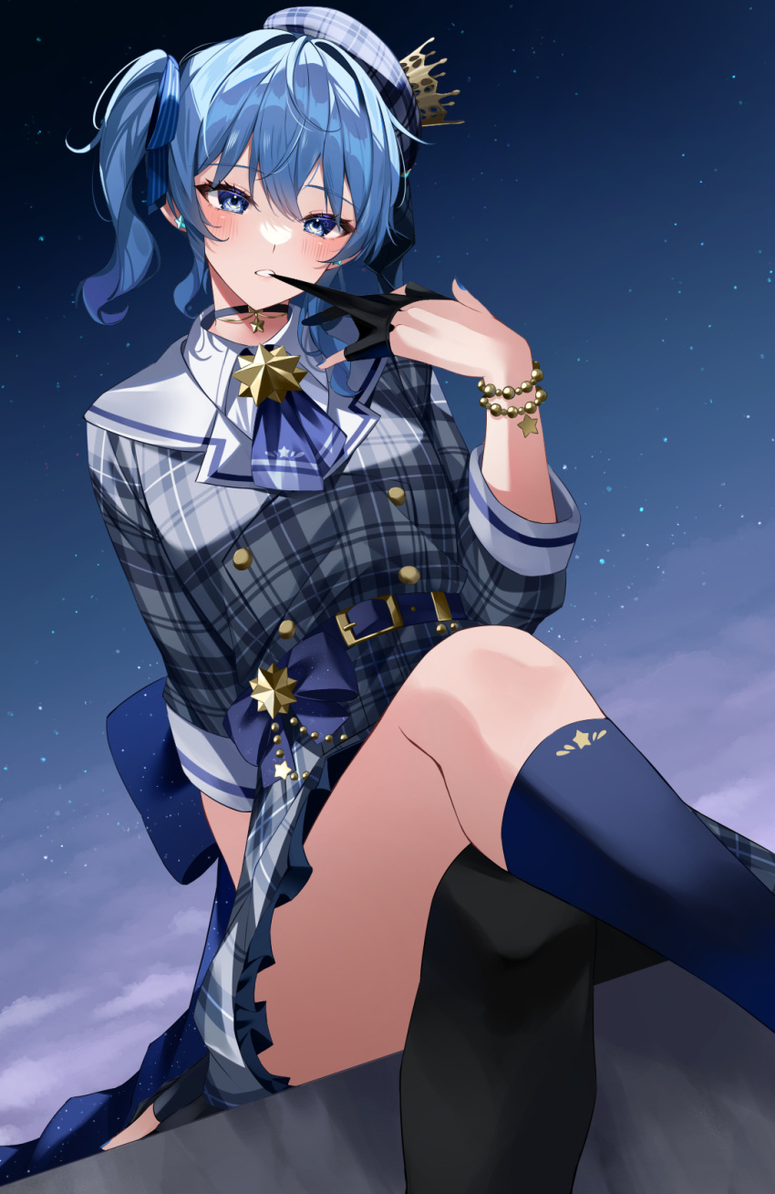 ascot asymmetrical_legwear belt beret biting black_choker blue_ascot blue_belt blue_bow blue_eyes blue_hair blush bow bracelet brooch choker crossed_legs crown dress female glove_biting gloves hat highres hololive hoshimachi_suisei hoshimachi_suisei_(1st_costume) jewelry looking_at_viewer mini_crown mismatched_legwear moonbell night night_sky plaid plaid_dress plaid_headwear side_ponytail sitting sky solo star_(sky) star_(symbol) star_choker starry_sky teeth thighs virtual_youtuber