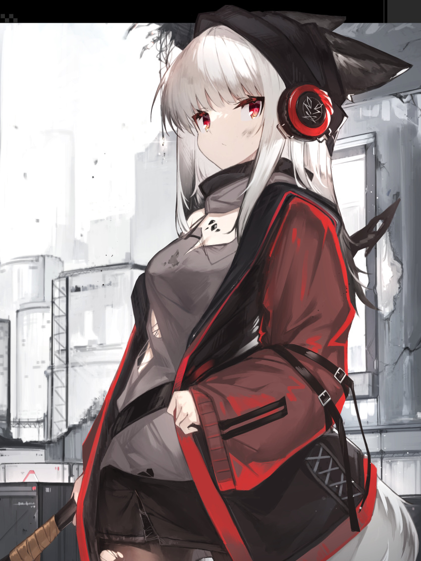 absurdres animal_ears arknights black_headwear black_skirt brown_pantyhose closed_mouth cowboy_shot day dirty dirty_face ears_through_headwear eyebrows_hidden_by_hair female fox_ears fox_girl fox_tail frostleaf_(arknights) grey_shirt headphones highres holding implied_extra_ears jacket long_hair long_sleeves looking_at_viewer material_growth miniskirt open_clothes open_jacket oripathy_lesion_(arknights) outdoors pantyhose red_eyes red_jacket shirt sidelocks skirt solo tail torn_clothes torn_pantyhose torn_shirt white_hair yki