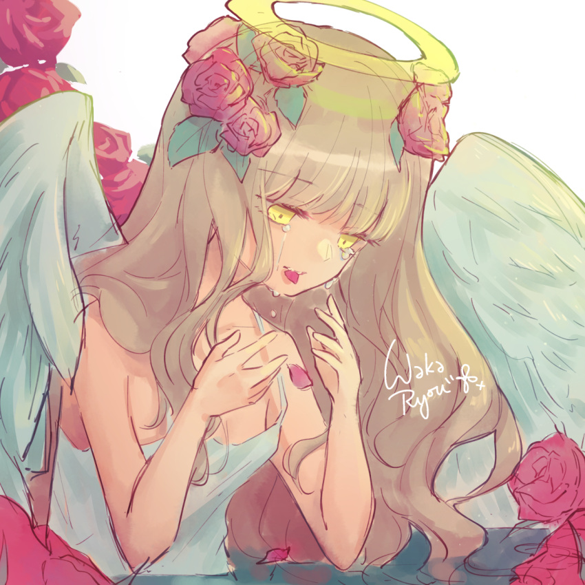 angel angel_wings blonde_hair crying crying_with_eyes_open dress feathered_wings female floral_background flower hair_flower hair_ornament halo highres long_hair mashiro_rima petals red_flower red_rose rose shugo_chara! signature solo spaghetti_strap tears waka_ryou wavy_hair white_background white_dress wings yellow_eyes