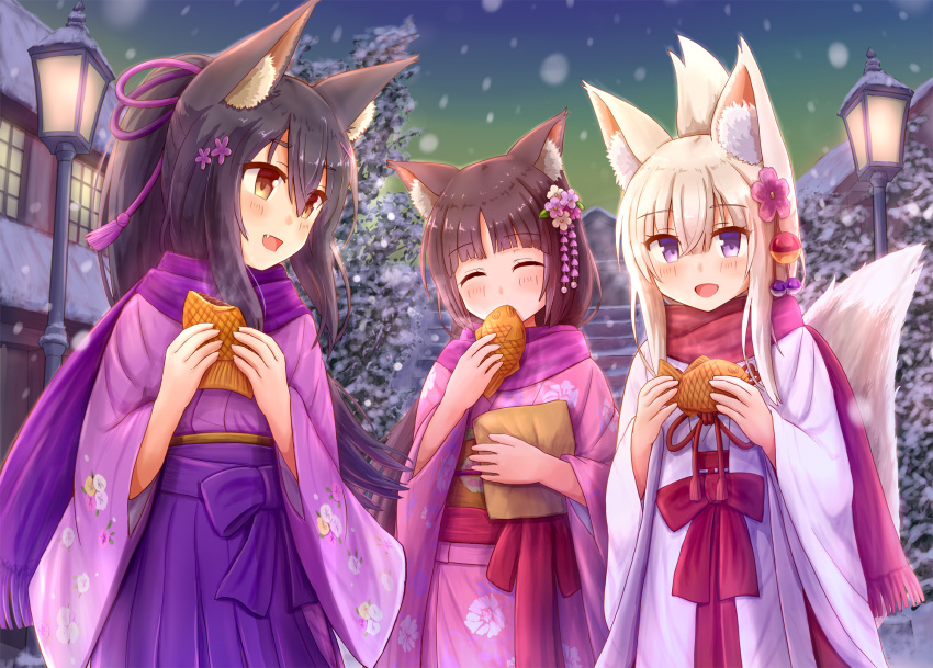 3girls :d ^_^ animal_ear_fluff animal_ears black_hair blush brown_eyes brown_hair building cat_ears closed_eyes commentary_request eating folded_ponytail food fox_ears fox_girl fox_tail hair_between_eyes hakama hakama_skirt highres holding holding_food iroha_(iroha_matsurika) japanese_clothes kimono koyoi_(iroha_(iroha_matsurika)) kunoichi-chan_(iroha_(iroha_matsurika)) lamppost miko multiple_girls mutsuki_(iroha_(iroha_matsurika)) obi oerba_yun_fang open_mouth original outdoors pink_kimono ponytail purple_eyes purple_hakama red_hakama sash skirt smile snow snowing tail taiyaki tree wagashi white_hair white_kimono