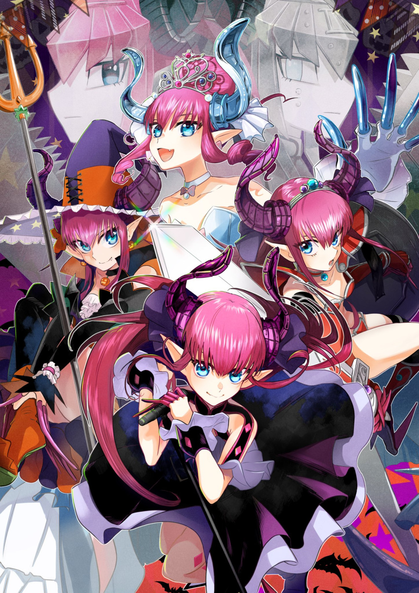 armor blue_eyes commentary dragon_horns dress elizabeth_bathory_(brave)_(fate) elizabeth_bathory_(cinderella_rider)_(fate) elizabeth_bathory_(fate) elizabeth_bathory_(fate/extra_ccc) elizabeth_bathory_(halloween_caster)_(fate) fate/grand_order fate_(series) hair_bun hat highres horns iris_(tb33064667) mecha_eli-chan_(fate) mecha_eli-chan_mk.ii_(fate) microphone oerba_yun_fang pauldrons pink_hair pointy_ears shield shoulder_armor single_hair_bun smile tiara witch_hat