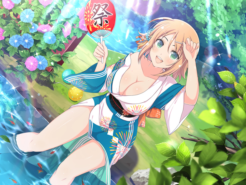 :d bad_link blue_flower blush breasts bush cleavage day female fireworks_print flower green_eyes hair_between_eyes hair_ornament hairclip hanabi_(senran_kagura) hand_fan highres holding holding_fan japanese_clothes kimono large_breasts looking_at_viewer official_art open_mouth orange_hair outdoors pink_flower senran_kagura senran_kagura_new_link short_hair smile solo water yaegashi_nan yukata