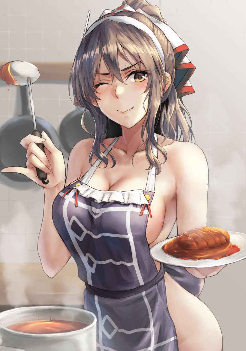 adapted_costume apron ashigara_(kancolle) ass blush breasts brown_eyes brown_hair collarbone cowboy_shot curry curry_rice female food groin hair_between_eyes highres holding holding_ladle holding_plate kantai_collection katsu_curry kokuzou ladle large_breasts long_hair naked_apron oerba_yun_fang one_eye_closed plate purple_apron rice smile solo tonkatsu