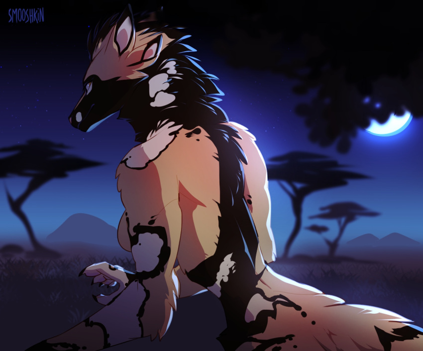 african_wild_dog anthro black_body black_fur breasts brown_body canid canine digital_media_(artwork) female fur looking_at_viewer mammal markings moon night plant smooshkin solo spots spotted_markings tree