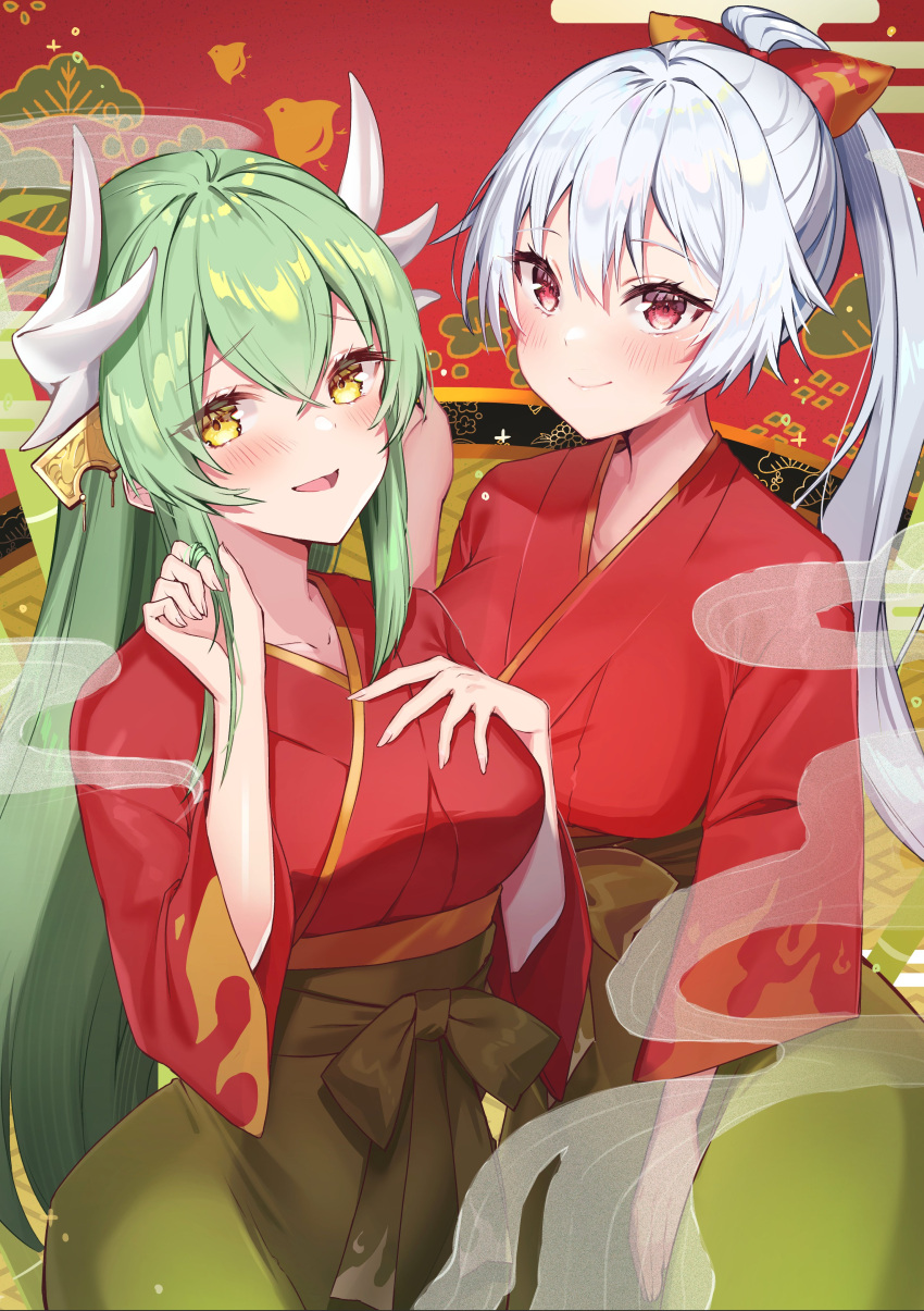 2girls absurdres blush breasts cosplay dragon_girl dragon_horns fate/grand_order fate_(series) felnemo flame_print green_hair green_hakama hair_between_eyes hakama highres horns japanese_clothes kimono kiyohime_(fate) large_breasts long_hair long_sleeves looking_at_viewer mash_kyrielight mash_kyrielight_(cosplay) mash_kyrielight_(enma-tei_uniform) mash_kyrielight_(enma-tei_uniform)_(cosplay) medium_breasts multiple_girls multiple_horns open_mouth ponytail red_eyes red_kimono smile thighs tomoe_gozen_(fate) white_hair wide_sleeves yellow_eyes