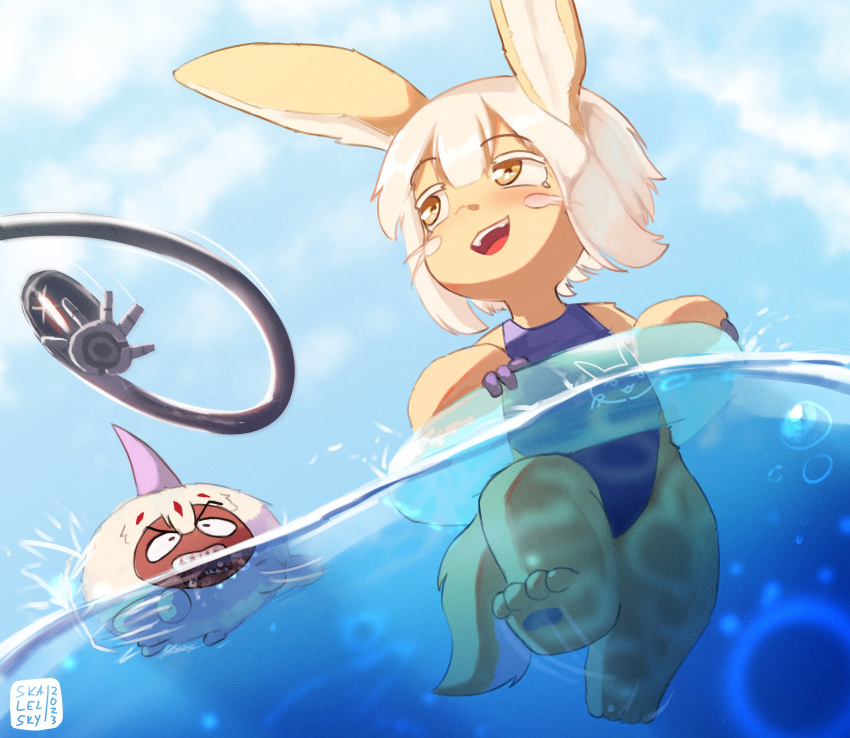 2023 absurd_res ambiguous_gender anthro clothing digital_media_(artwork) faputa female fur group hair hi_res humor light long_arms machine made_in_abyss nanachi narehate offscreen_character one-piece_swimsuit parody paws reg_(made_in_abyss) robot robotic_arm skalelsky smile sunlight swim_ring swimming swimwear tan_body tan_fur white_hair yellow_eyes young