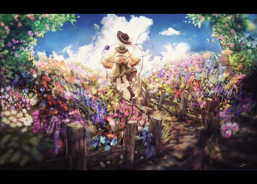 black_footwear black_hat blouse blue_flower boots cloud commentary day facing_away female fence field flower flower_field frilled_shirt_collar frilled_skirt frilled_sleeves frills from_behind green_skirt hat hat_ribbon heart heart_of_string highres komeiji_koishi lavender_(flower) letterboxed light_green_hair long_sleeves medium_hair orange_flower outdoors pink_flower pink_rose purple_flower ribbon rose shirt signature skirt sky solo third_eye tonan_(l0l0l0l0l0l) touhou white_flower wide_shot wide_sleeves yellow_ribbon yellow_shirt