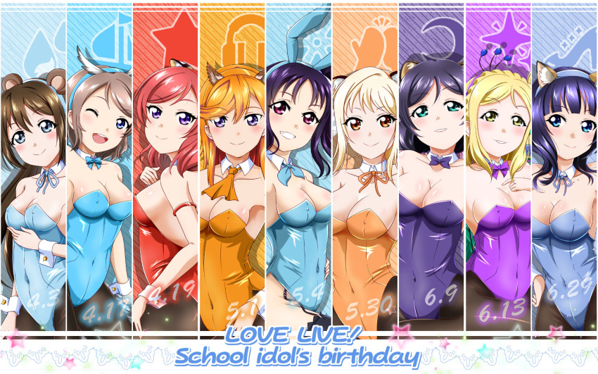 6+girls :d ;d animal_ear_fluff animal_ears antennae aqua_eyes armband asaka_karin ascot bare_shoulders bear_ears birthday black_pantyhose black_thighhighs blonde_hair blue_bow blue_bowtie blue_eyes blue_hair blue_hairband blue_leotard blue_ribbon blunt_bangs boat bow bowtie braid breasts brown_hair cat_ears chinese_commentary cleavage closed_mouth collarbone column_lineup commentary_request copyright_name covered_navel covered_nipples cowboy_shot crescent crown_braid detached_collar diagonal_stripes emblem english_text fake_animal_ears fake_antennae from_side garter_straps green_eyes grey_hair gx9900wing hair_between_eyes hair_over_shoulder hairband hand_on_own_chest hand_on_own_hip headphones high_heels highleg highleg_leotard highres in-franchise_crossover jpeg_artifacts kazuno_sarah lace_trim large_breasts leotard lineup long_hair looking_at_viewer love_live! love_live!_nijigasaki_high_school_idol_club love_live!_school_idol_project love_live!_sunshine!! love_live!_superstar!! medium_breasts medium_hair mittens miyashita_ai mole mole_on_body multiple_girls nishikino_maki official_style ohara_mari one_eye_closed open_mouth orange_ascot orange_hair orange_hairband orange_leotard orange_ribbon osaka_shizuku pantyhose parted_bangs pink_eyes playboy_bunny purple_bow purple_bowtie purple_eyes purple_hair purple_leotard rabbit_ears red_eyes red_hair red_hairband red_leotard ribbon round_teeth sailboat shibuya_kanon shiny_clothes shoes short_hair sideboob sidelocks smile snowflakes sparkle star_(symbol) straight_hair strapless strapless_leotard striped striped_background swept_bangs teeth thighhighs tojo_nozomi tongue upper_teeth_only very_long_hair watanabe_you water_drop watercraft white_hair wrist_cuffs