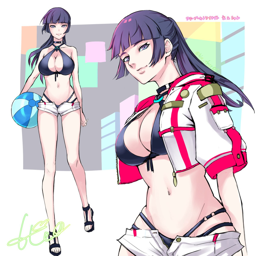 ball beachball bikini bikini_under_clothes black_bikini black_footwear blue_eyes breasts closed_mouth commentary_request cropped_jacket female full_body high_ponytail highres hio_tksr05 large_breasts long_hair multicolored_background multiple_views protagonist_2_(housamo) sandals shorts signature smile swimsuit tokyo_afterschool_summoners translated upper_body white_shorts