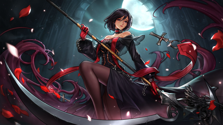 absurdres bare_shoulders black_dress black_hair closed_mouth detached_collar dress dungeon_and_fighter falling_petals female female_priest_(dungeon_and_fighter) highres leg_up long_sleeves majiko-l night petals scythe seams short_hair shoulder_tattoo solo tattoo thighhighs upper_body