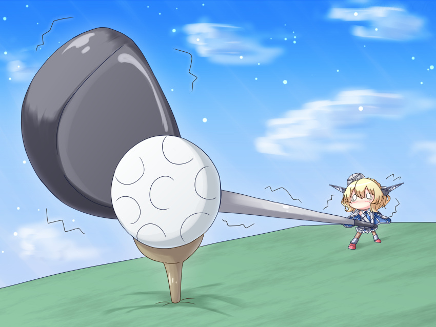 ball blonde_hair cape capelet chibi colorado_(kancolle) female flying_sweatdrops foreshortening garrison_cap golf golf_ball golf_club hat headgear highres kantai_collection o_o perspective riretsuto short_hair sky solid_circle_eyes solo standing sunrise_stance trembling