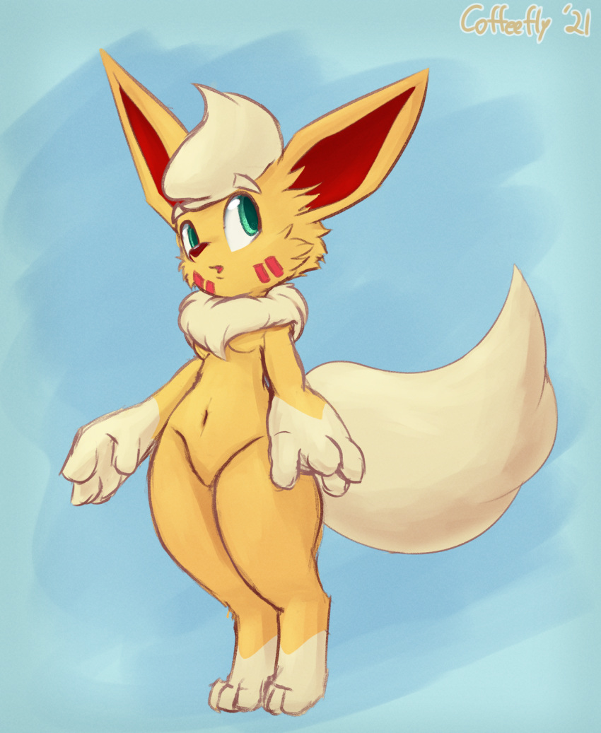 anthro anthrofied coffeefly eeveelution female flareon fur generation_1_pokemon green_eyes hi_res nintendo open_mouth pokemon pokemon_(species) pokemorph simple_background solo standing