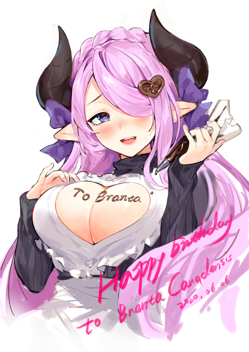 absurdres black_horns blue_eyes breasts chinese_commentary chocolate chocolate_on_body chocolate_on_breasts cleavage_cutout clothing_cutout commentary_request draph female food_on_body granblue_fantasy hair_ornament hair_over_one_eye happy_birthday heart heart-shaped_pupils heart_cutout heart_hair_ornament highres horns iiiroha large_breasts long_sleeves looking_at_viewer narmaya_(granblue_fantasy) narmaya_(valentine)_(granblue_fantasy) official_alternate_costume open_mouth pink_hair pointy_ears smile solo symbol-shaped_pupils teeth upper_body upper_teeth_only white_background