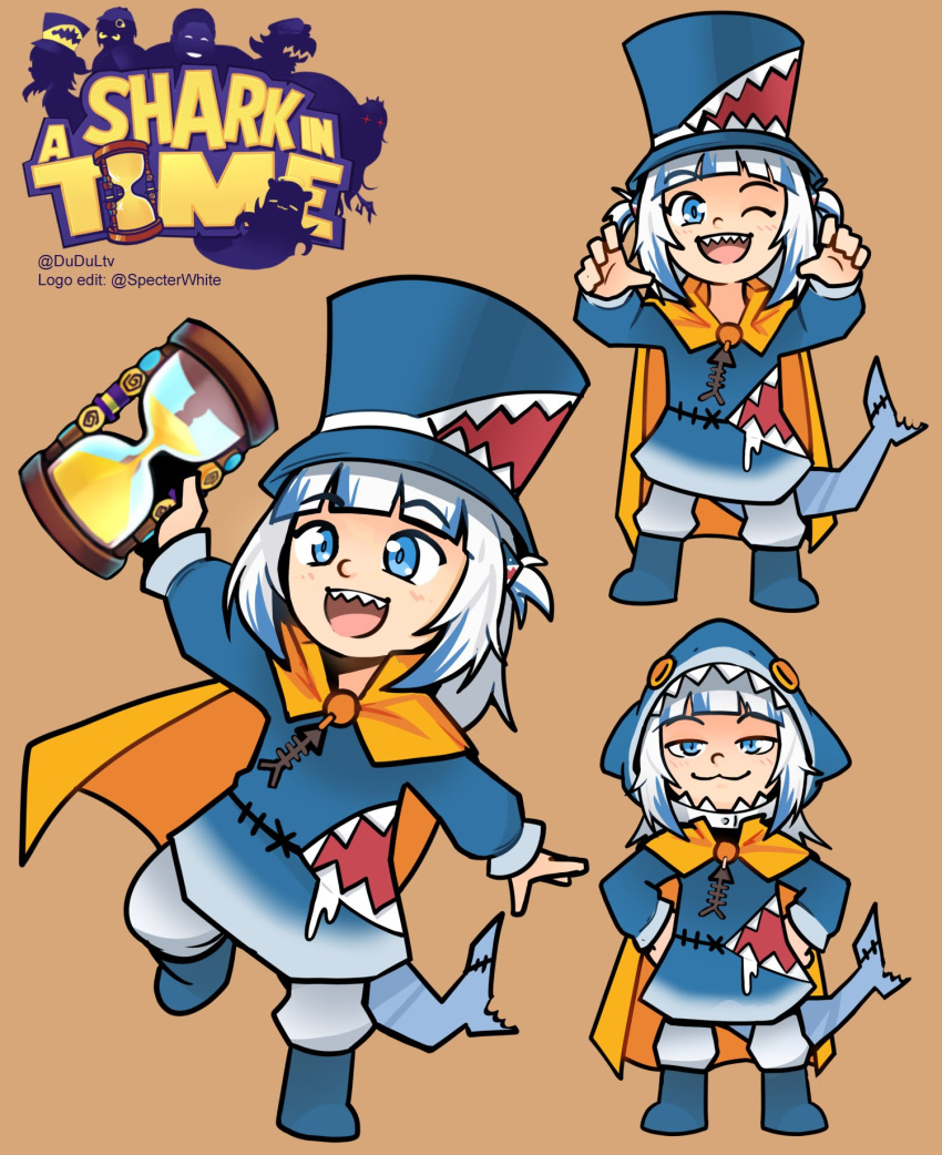 :3 :d ;d a_hat_in_time adapted_costume beige_background blue_eyes blue_hair blunt_bangs cape dudul female fins fish_tail gawr_gura gawr_gura_(1st_costume) grey_hair hands_on_own_hips hat highres hololive hololive_english hood hood_up hourglass logo_parody looking_at_viewer multicolored_hair multiple_views one_eye_closed open_mouth shark_girl shark_tail sharp_teeth simple_background smile smug streaked_hair tail teeth top_hat two-tone_hair two_side_up virtual_youtuber yellow_cape