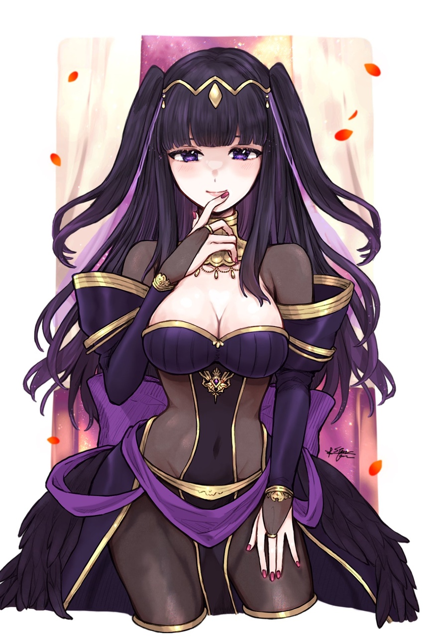 black_hair blush bodystocking breasts cleavage commentary covered_navel dress falling_petals female finger_to_mouth fingernails fire_emblem fire_emblem_awakening fire_emblem_heroes gold_trim highres jewelry light_smile long_hair looking_at_viewer medium_breasts misato_hao nail_polish navel official_alternate_costume petals purple_eyes red_nails smile solo tharja_(bridal)_(fire_emblem) tharja_(fire_emblem) tiara twintails wedding_dress