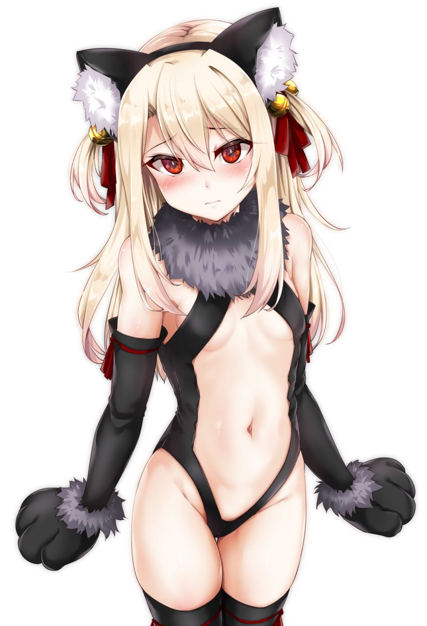 animal_ear_fluff animal_ears animal_hands bare_shoulders bell black_gloves black_leotard black_thighhighs blonde_hair blush breasts cat_ears cat_tail center_opening commentary_request elbow_gloves fate/kaleid_liner_prisma_illya fate_(series) female frown fur_collar gloves hair_between_eyes hair_ribbon highleg highleg_leotard highres illyasviel_von_einzbern illyasviel_von_einzbern_(beast_style) jingle_bell leotard long_hair looking_at_viewer navel official_alternate_costume paw_gloves red_eyes red_ribbon ribbon simple_background small_breasts solo tail thighhighs touchuu_kasou two_side_up white_background