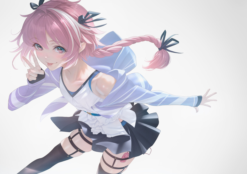 1boy astolfo_(fate) bare_shoulders black_bow black_skirt black_thighhighs blush bow braid cable camisole closed_mouth collarbone fate/apocrypha fate_(series) garter_straps hair_intakes hairbow highres hood hooded_jacket imizu_(nitro_unknown) jacket leaning_forward long_braid long_hair long_sleeves looking_at_viewer male_focus multicolored_hair off_shoulder open_clothes open_jacket otoko_no_ko pink_hair purple_eyes purple_jacket sex_toy single_braid skindentation skirt smile solo streaked_hair thigh_strap thighhighs tongue v vibrator vibrator_in_thighhighs when_you_see_it white_camisole white_hair