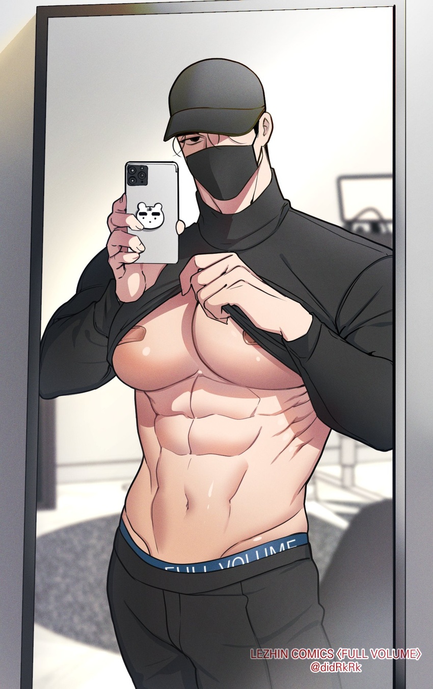 1boy abs bandaid bandaids_on_nipples bara baseball_cap black_hair black_pants black_shirt cellphone clothes_lift covered_mouth covered_nipples didrkrk full_volume groin hat highres holding holding_phone korean_commentary large_pectorals lifting_own_clothes looking_at_viewer male_focus male_underwear male_underwear_peek mask mouth_mask muscular muscular_male navel obliques pants pasties pectorals phone selfie seol_beom shirt shirt_lift short_hair smartphone solo twitter_username underwear