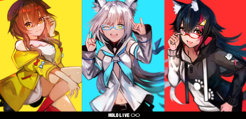 3girls :d ;d absurdres adjusting_eyewear animal_ear_fluff animal_ears bare_shoulders bespectacled black_hair black_hoodie blue-framed_eyewear blue_background blue_bow blue_neckwear bow breasts brown_eyes brown_hair commentary copyright_name detached_sleeves double_fox_shadow_puppet drawstring dress fox_ears fox_shadow_puppet glasses green_eyes hair_between_eyes hair_ornament hair_over_shoulder hairclip hand_up highres hololive hololive_gamers hood hood_down hoodie inugami_korone inugami_korone_(1st_costume) jacket long_hair long_sleeves looking_at_viewer low_twintails medium_breasts multicolored_hair multiple_girls navel off_shoulder one_eye_closed ookami_mio ookami_mio_(casual) open_clothes open_jacket open_mouth red-framed_eyewear red_background red_bow red_hair red_socks ribbed_legwear semi-rimless_eyewear shirakami_fubuki shirakami_fubuki_(1st_costume) sleeveless sleeveless_dress smile socks streaked_hair symbol-only_commentary tarbo_(exxxpiation) twintails under-rim_eyewear very_long_hair virtual_youtuber white_dress white_hair white_hoodie white_sleeves wolf_ears yellow-framed_eyewear yellow_background yellow_jacket