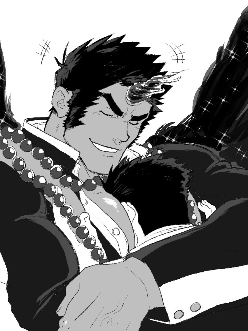 2boys bara bead_necklace beads between_pectorals feathered_wings fiery_horns fle0423 greyscale head_between_pecs highres horns hug jewelry large_pectorals long_sideburns male_focus mature_male monochrome multiple_boys muscular muscular_male necklace pectoral_cleavage pectorals protagonist_3_(housamo) sanat_kumara_(housamo) short_hair sideburns single_horn smile smirk thick_eyebrows tokyo_afterschool_summoners upper_body wings yaoi