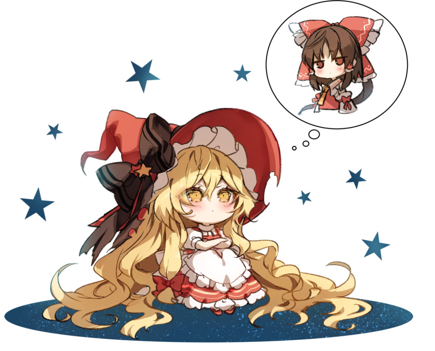 absurdly_long_hair alternate_color apron ascot bare_shoulders blonde_hair blue_background blush bow brown_bow brown_eyes brown_hair closed_mouth commentary_request detached_sleeves dress eyes_visible_through_hair female frills hair_between_eyes hair_ornament hair_tubes hairbow hakurei_reimu hat hat_bow hat_ornament kirisame_marisa kirisame_marisa_(witch_of_scarlet_dreams) long_hair long_sleeves looking_at_viewer looking_up piyokichi puffy_short_sleeves puffy_sleeves red_bow red_dress red_footwear red_hat shoes short_sleeves sitting socks solo star_(symbol) star_hat_ornament starry_background thinking touhou touhou_lostword very_long_hair white_apron white_background white_bow white_sleeves white_socks witch_hat yellow_ascot yellow_eyes