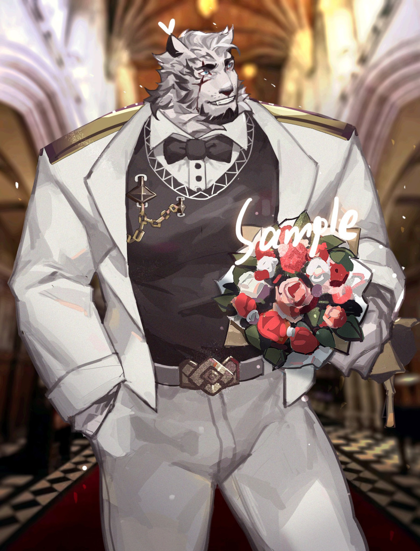 1boy alternate_costume animal_ears arknights bara black_vest blurry blurry_background bouquet bow bowtie collared_shirt contrapposto cowboy_shot flower formal furry furry_male highres holding holding_bouquet jacket light_particles looking_to_the_side male_focus mountain_(arknights) muscular muscular_male open_clothes open_jacket pants pectorals scar scar_across_eye scar_on_face shirt short_hair smile solo suit tiger_boy tiger_ears tiger_stripes vest white_fur white_jacket white_pants white_shirt white_suit yamariceball