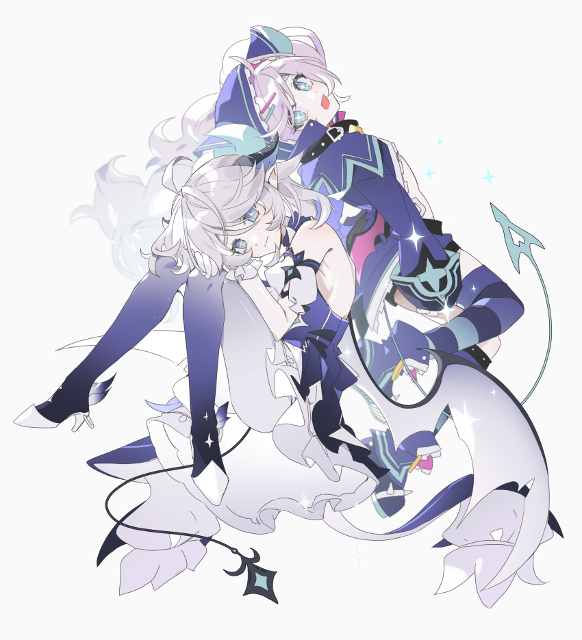 2girls :d absurdres ahoge bad_id bad_twitter_id bare_shoulders blue_footwear blue_jacket boots chiliarch_(elsword) commentary demon_girl demon_horns demon_tail detached_sleeves dress dual_persona dust_nani elsword emptiness_(elsword) high_heel_boots high_heels highres hood hood_up hooded_jacket horns jacket knees_together_feet_apart korean_commentary long_hair long_sleeves looking_at_viewer luciela_r._sourcream multiple_girls puffy_detached_sleeves puffy_short_sleeves puffy_sleeves short_sleeves simple_background sitting smile sparkle sparkling_eyes tail thigh_boots thighhighs twintails very_long_hair white_background white_dress