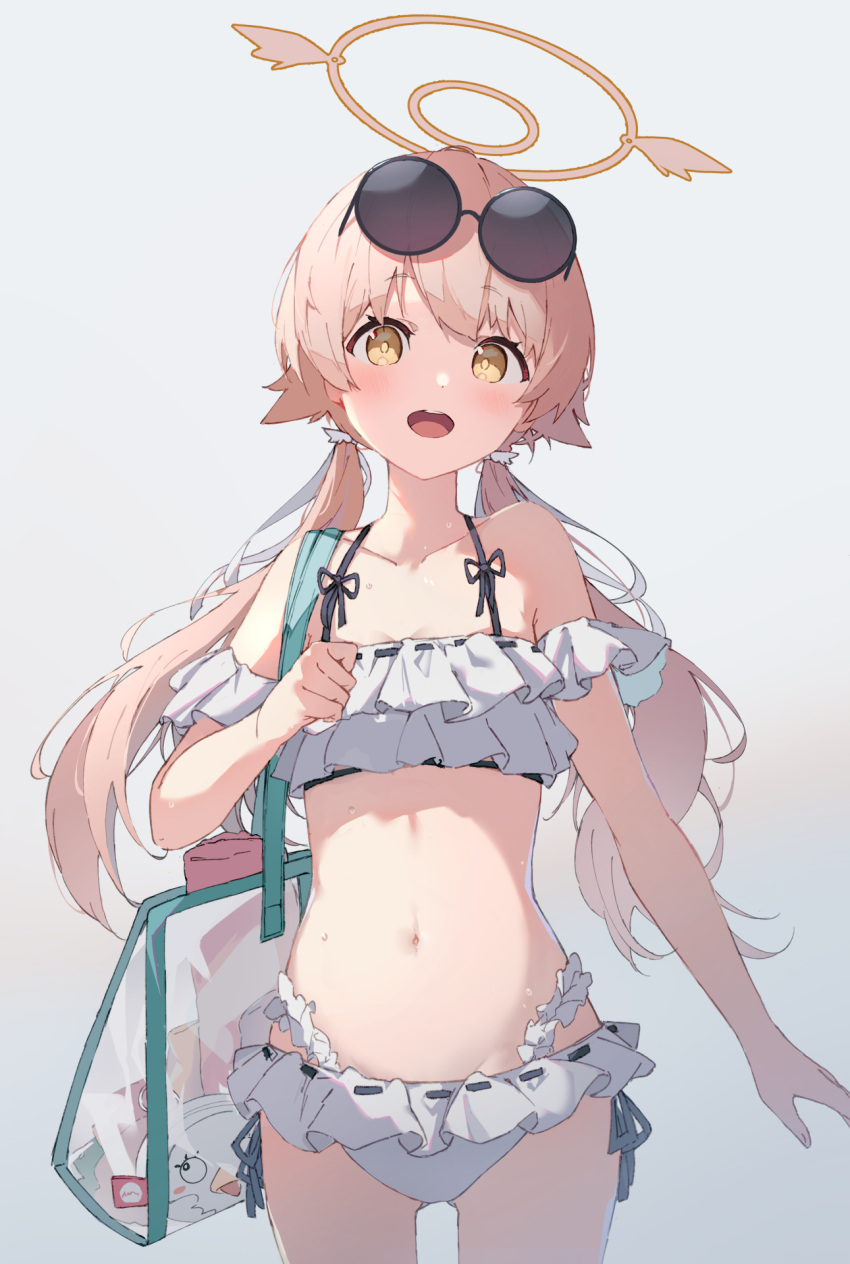 bag bikini blue_archive blush breasts cleavage collarbone commentary_request cowboy_shot eyewear_on_head female frilled_bikini frills fujimaki_nora grey_background halo hifumi_(blue_archive) hifumi_(swimsuit)_(blue_archive) highres light_brown_hair looking_at_viewer low_twintails navel off-shoulder_bikini off_shoulder open_mouth ribbon-trimmed_swimsuit ribbon_trim side-tie_bikini_bottom simple_background small_breasts smile solo standing stomach sunglasses swimsuit twintails water_drop white_bikini yellow_eyes