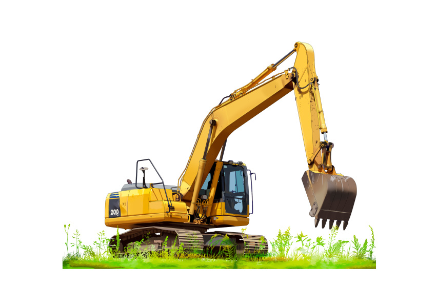 absurdres commentary_request excavator grass ground_vehicle highres machinery motor_vehicle no_humans original simple_background soranokakera01 vehicle_focus white_background