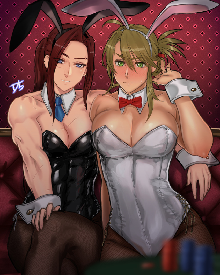 2girls animal_ears black_leotard blue_eyes blue_necktie blush bow bowtie breasts collarbone commentary crossed_legs detached_collar drill_(emilio) embarrassed fake_animal_ears fishnet_pantyhose fishnets folded_ponytail green_eyes hand_on_own_knee hand_up highres leotard light_brown_hair looking_at_viewer multiple_girls necktie original pantyhose parted_bangs playboy_bunny rabbit_ears red_bow red_bowtie scar scar_on_face short_necktie side_ponytail sitting smile strapless strapless_leotard white_leotard wrist_cuffs