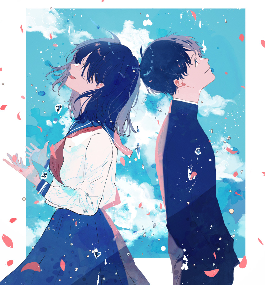 1boy absurdres back-to-back black_hair black_shirt blue_skirt blue_sky cherry_blossoms closed_mouth cloud commentary_request facing_up falling_petals female from_side gakuran hagimorijia hands_in_pockets heads_together highres long_sleeves looking_up medium_hair neckerchief open_mouth original petals pleated_skirt profile red_neckerchief school_uniform serafuku shirt short_hair skirt sky smile symmetry upper_body white_shirt