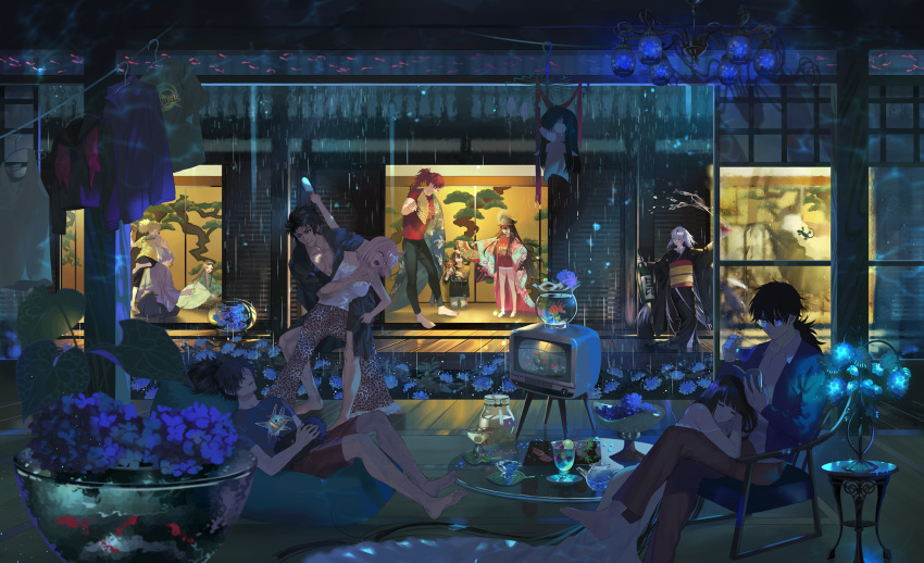 5girls 6+boys akechi_mitsuhide_(fate) alcohol alternate_costume animal_print architecture arts_shirt barefoot black_hair blonde_hair blunt_bangs bottle buster_shirt camisole canine chacha_(fate) chandelier chibi clothesline coaster commentary_request crazy_straw crossed_legs drinking_straw east_asian_architecture fate/grand_order fate_(series) fishbowl flower folding_fan food full_body furisode glass glass_table glass_teacup glass_teapot glasses grey_hair hand_fan hat heart_straw highres hijikata_toshizou_(fate) hime_cut holding holding_fan holding_person hug hydrangea japanese_clothes jinbei_(clothes) kimono koha-ace layered_clothes layered_kimono leg_hair leopard_print lizard long_hair long_sleeves military_hat mori_nagayoshi_(fate) multicolored_hair multiple_boys multiple_girls nagao_kagetora_(fate) oda_nobukatsu_(fate) oda_nobunaga_(fate) oda_nobunaga_(swimsuit_berserker)_(fate) oda_nobunaga_(swimsuit_berserker)_(first_ascension)_(fate) oda_uri okada_izou_(dog)_(fate) okada_izou_(fate) okita_souji_(fate) okita_souji_(koha-ace) oryou_(fate) pants paper_fan parfait partial_commentary peaked_cap pink_hair plant ponytail popsicle potted_plant quick_shirt rain reading reclining red_hair sakamoto_ryouma_(fate) sake sake_bottle seiza shirt short_hair sitting sleeping sliding_doors standing straight_hair streaked_hair t-shirt table teapot television topknot toyotomi_hideyoshi_(fate) very_long_hair warabi_tama wide_sleeves wrestling