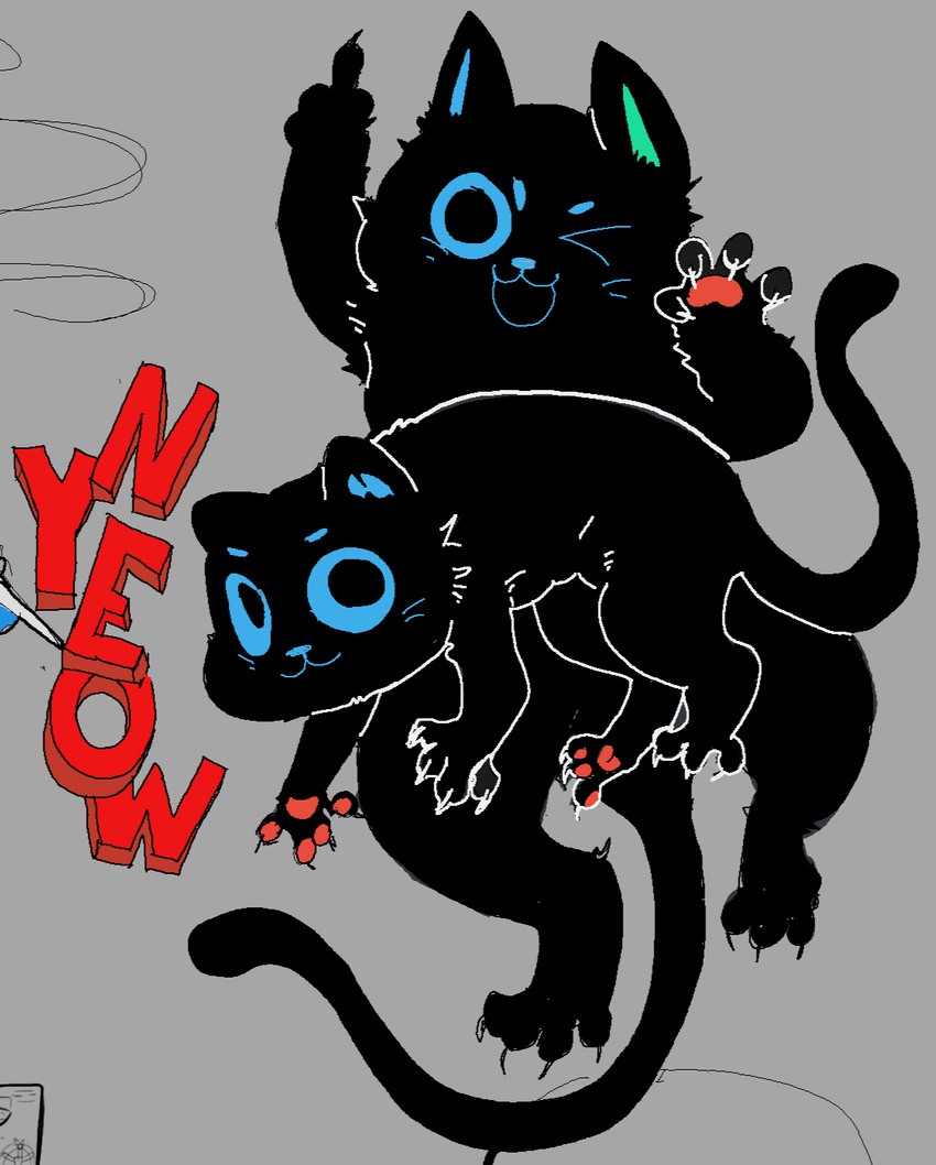 2022 ambiguous_gender bellabot black_body black_fur black_tail blue_eyes claws domestic_cat felid feline felis feral feralized fur gesture hand_gesture hi_res kimcuongnguyen looking_at_viewer mammal middle_finger open_mouth pawpads paws pudu_robotics solo tail whiskers