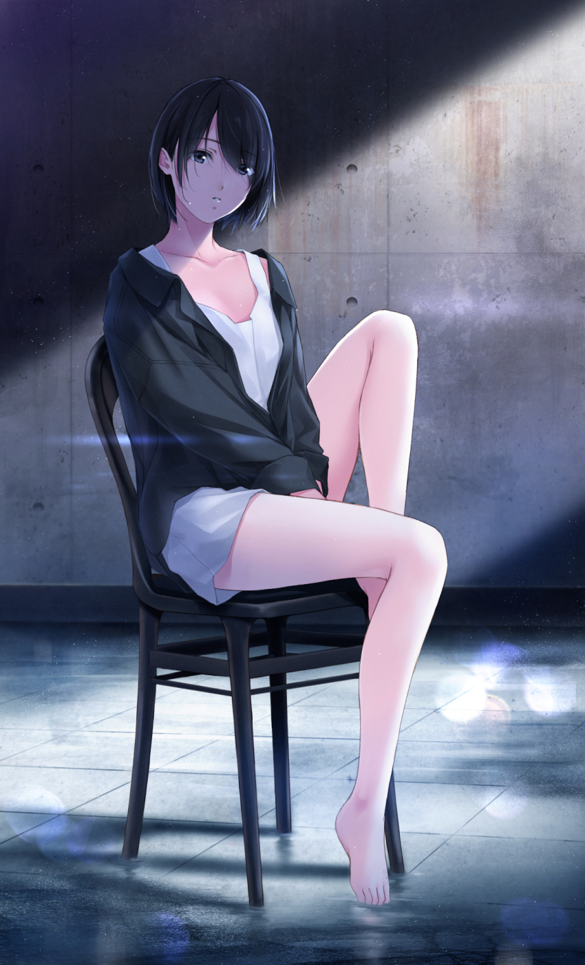 bare_legs barefoot black_hair black_jacket bob_cut breasts chair collarbone commentary dress english_commentary feet_on_chair female full_body head_tilt highres indoors jacket knee_up long_sleeves looking_at_viewer nayuta69 original parted_lips short_dress sitting sleeveless sleeveless_dress small_breasts solo swept_bangs tile_floor tile_wall tiles wall wet wet_hair