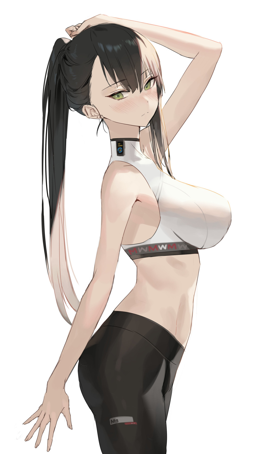 absurdres arm_up black_hair breasts commentary crop_top expressionless female from_side hand_on_own_head highres large_breasts long_hair looking_at_viewer mamima midriff original pants ponytail simple_background solo standing symbol-only_commentary white_background yoga_pants