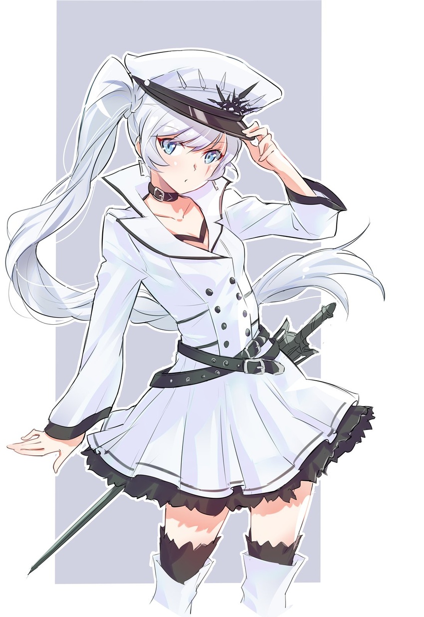 belt black_belt black_collar blue_eyes boots collar cowboy_shot cropped_legs dress earrings english_commentary female floating_hair hand_on_headwear hat highres iesupa jewelry long_hair looking_at_viewer multiple_belts myrtenaster official_alternate_costume peaked_cap rwby rwby_ice_queendom scar scar_on_face side_ponytail solo sword thigh_boots thighhighs thighhighs_under_boots weapon weiss_schnee white_dress white_hair white_hat zettai_ryouiki