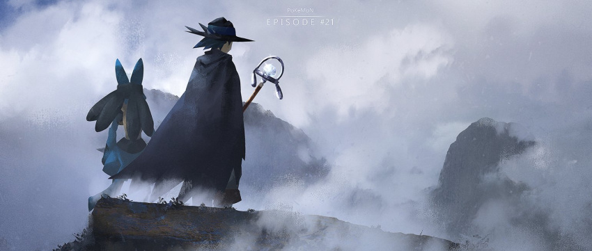 1boy black_cape black_headwear cape commentary_request copyright_name day fog from_behind hashtag hat lucario male_focus otsumami_(bu-bu-heaven) outdoors pokemon pokemon:_lucario_and_the_mystery_of_mew pokemon_(anime) pokemon_(creature) pokemon_rse_(anime) sir_aaron sky staff standing