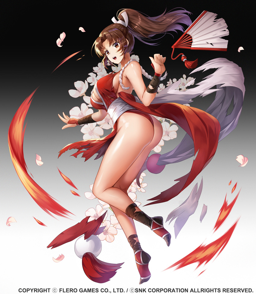 apple_caramel ass bare_shoulders breasts cleavage commentary_request company_connection company_name fatal_fury female flower full_body goddess_kiss gradient_background hand_fan highres japanese_clothes large_breasts long_hair open_mouth pelvic_curtain petals ponytail revealing_clothes rope shiranui_mai simple_background sleeveless solo surprised the_king_of_fighters thighs thong torn_clothes