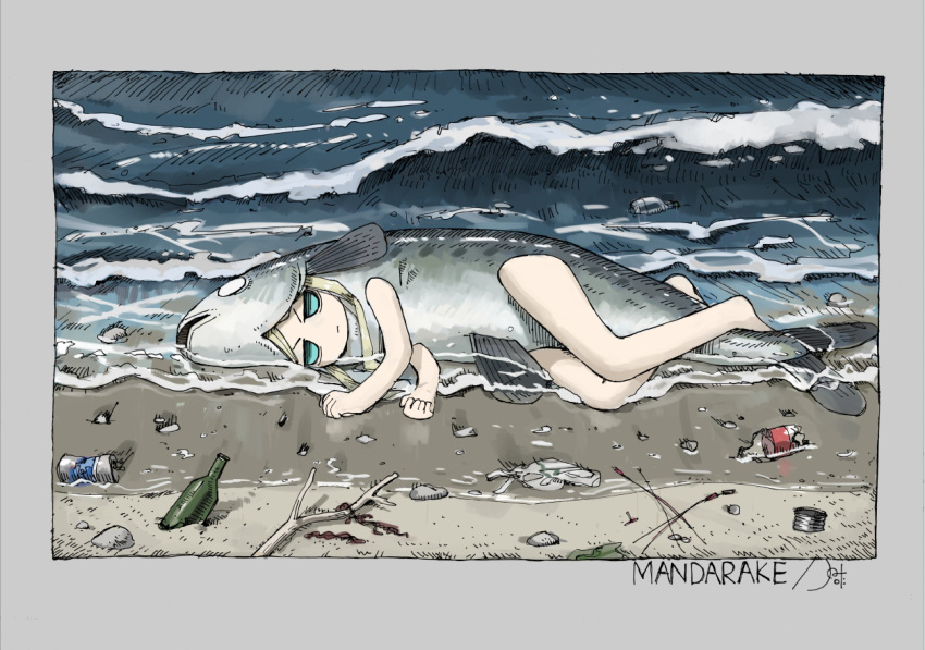 aqua_eyes bag bare_legs beach blonde_hair border bottle broken_bottle can candle drink_can female fish_costume full_body grey_border highres jitome long_hair lying no_nose on_side original plastic_bag rock sand soda_can solo stick trash tsukumizu_yuu water waves