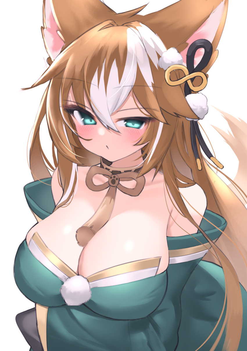 absurdres animal_ears aqua_dress aqua_eyes araran arm_under_breasts bare_shoulders blush bow bowtie breasts brown_bow brown_bowtie brown_collar brown_hair cleavage collar detached_sleeves dog_ears dog_girl dog_tail dress eyelashes female genshin_impact hair_between_eyes hair_flaps hair_ornament half-closed_eye highres hina_(genshin_impact) large_breasts long_hair long_sleeves looking_at_viewer multicolored_hair simple_background solo streaked_hair tail two-tone_hair upper_body white_background white_hair