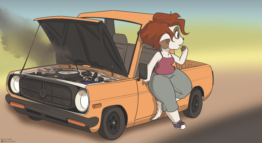 2023 anthro bottomwear brown_hair car chibi clothing datsun female footwear fur hair halcy0n haley_baxter herpestid hi_res leaning_on_object looking_away mammal mongoose on_car pants shoes smoke solo thick_thighs toony_car vehicle