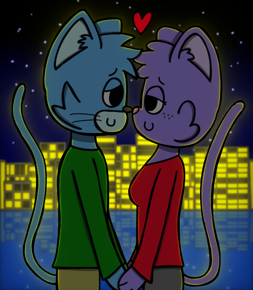 2023 anthro city city_background clothed clothing colored digital_drawing_(artwork) digital_media_(artwork) domestic_cat duo eggnaug eye_contact felid feline felis female freckles fur hair hand_holding happy heart_symbol hi_res looking_at_another looking_at_partner love lucy_(eggnaug) male male/female mammal marshall_(eggnaug) night nose_to_nose romantic romantic_ambiance romantic_couple romantic_night shaded sky smile star starry_sky text url water whiskers