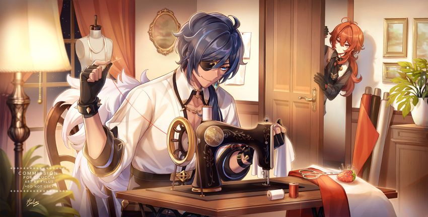 2boys black_gloves blue_hair chair closed_mouth commission dark_skin diluc_(genshin_impact) door earrings eyepatch food fruit fylus genshin_impact gloves hair_between_eyes highres jacket jewelry kaeya_(genshin_impact) lamp long_hair long_sleeves male_focus mannequin multiple_boys muscular muscular_male necklace needle opening_door paper picture_frame ponytail red_eyes red_hair scissors sewing_machine shirt smile strawberry yarn