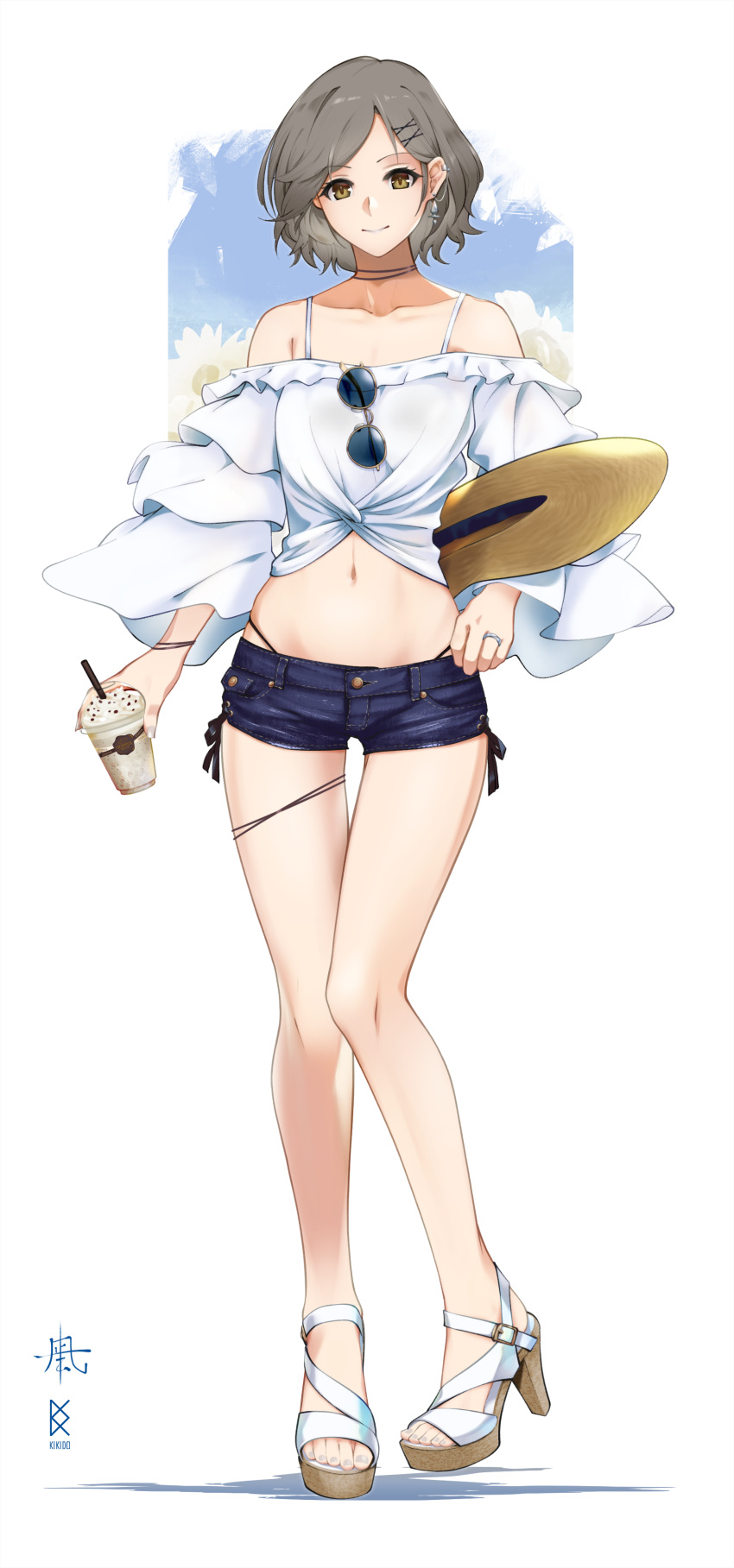 absurdres bare_shoulders blue_shorts brown_eyes buckle closed_mouth collarbone cup denim denim_shorts drink earrings eyewear_hang female floral_background full_body grey_hair hair_ornament high_heels highres holding holding_cup jewelry long_sleeves looking_at_viewer micro_shorts midriff nagi-kaze navel necklace off-shoulder_shirt off_shoulder original parted_bangs ring sandals shirt short_hair shorts smile solo standing stomach sunglasses thigh_gap unworn_eyewear wedding_ring white_background white_footwear x_hair_ornament